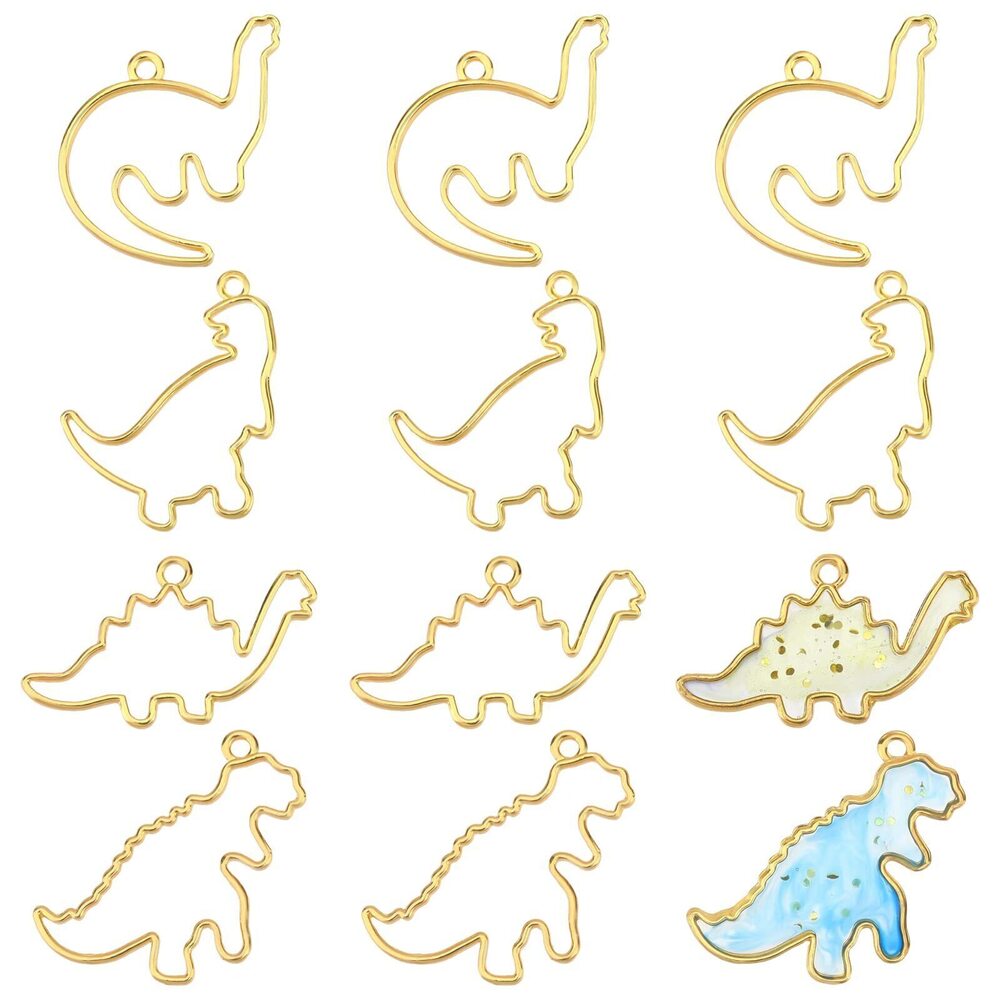 9244 20pcs Dinosaur Theme Open Bezel Charms 4-Style Alloy Frame Pendants